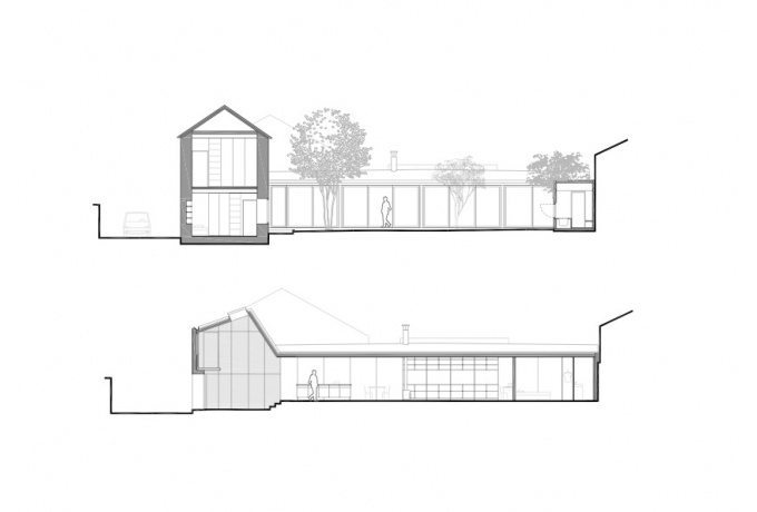 Coupe sur l'existant (façade sud) et coupe longitudinale sur l'extension