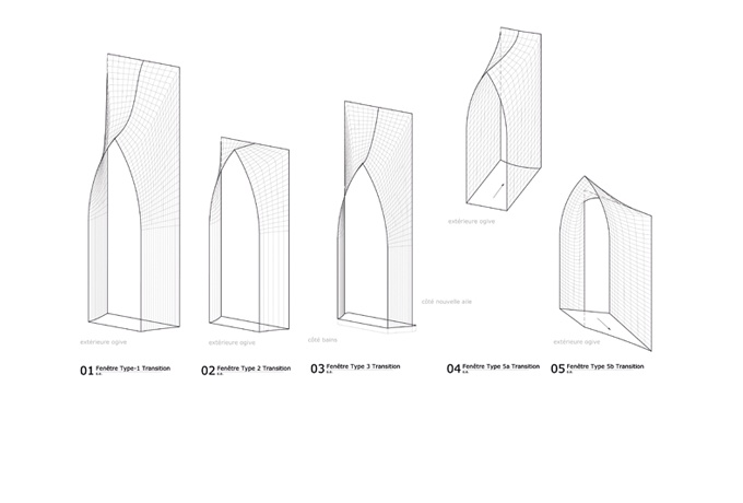 Modélisation des différentes surfaces de stuc qui accordent les fenêtres en ogivedes façades à l'ébrasement réctangulaire sur les murs intérieurs.